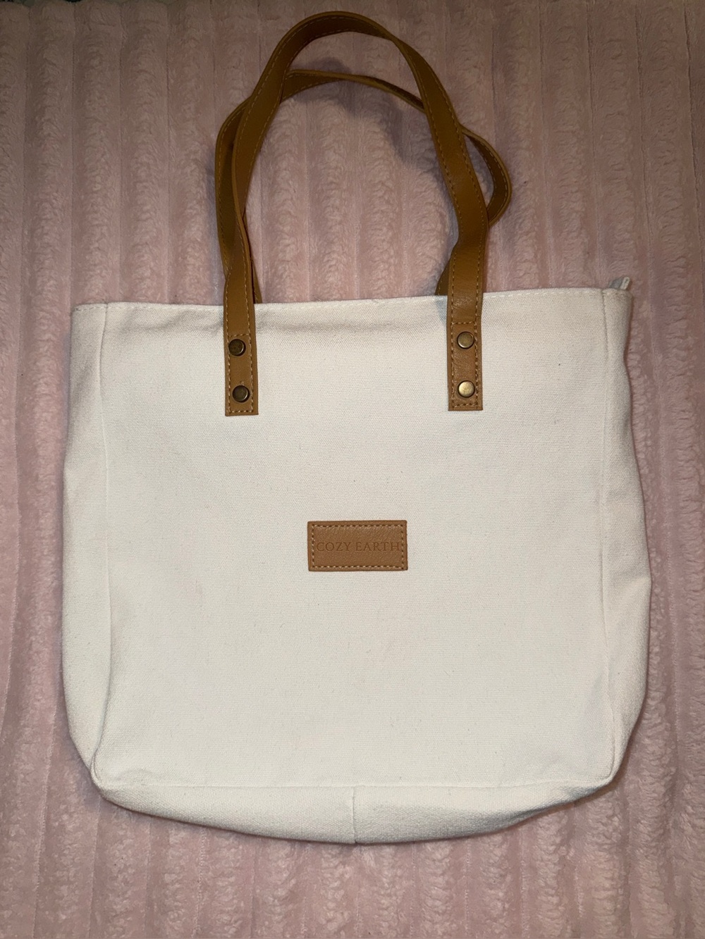 Cozy Earth Canvas Tote Bag Natural Cream
Leather Handles Zip Top 12" x12" NWOT
